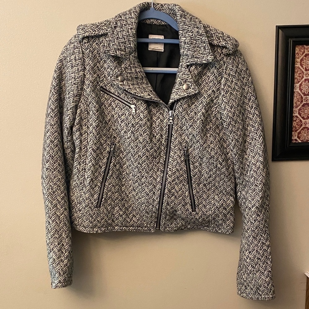 GAP Women's Black/White Tweed Herringbone Bomber Jacket wool/polyester/acrylic